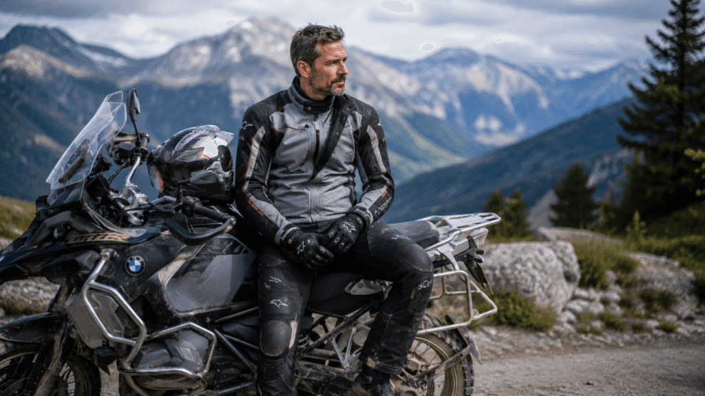 Confident motorcycle rider wearing quality protective riding pants showing proper gear selection