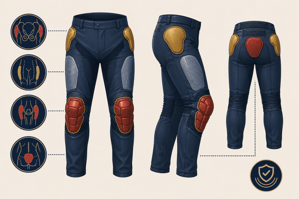 Armor placement diagram showing hip knee and thigh protection locations in motorcycle riding pants