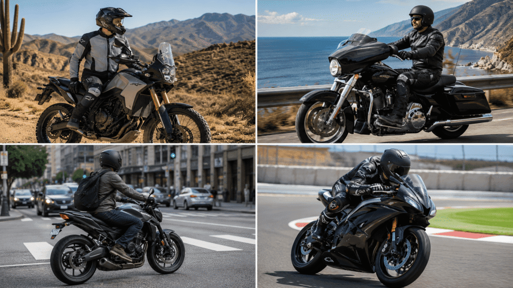 Four motorcycle scenarios showing appropriate riding pants for desert heat touring commuting and track days