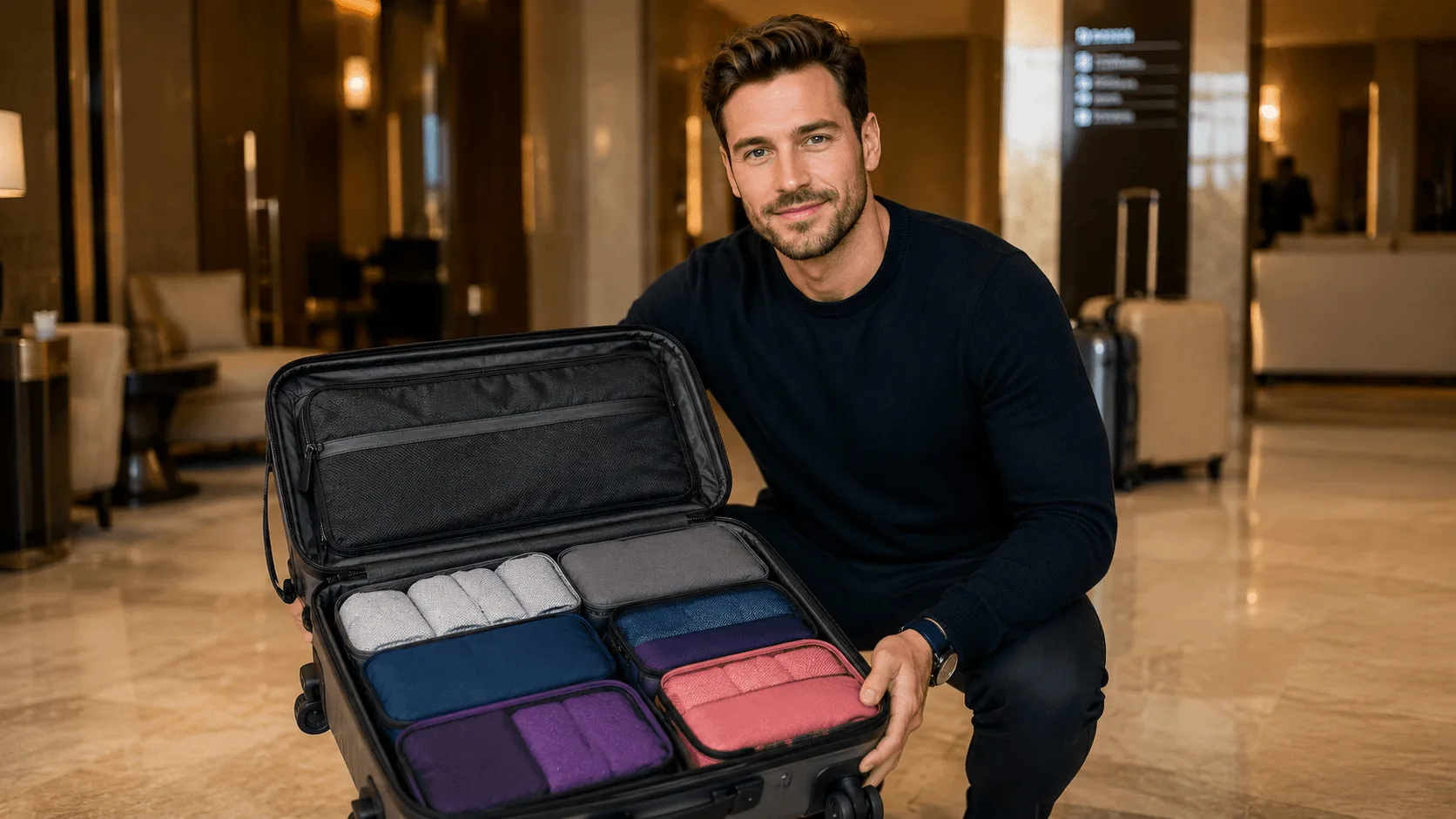 Confident well-organized traveler displaying perfectly packed luggage with color-coded packing cubes showing travel readiness