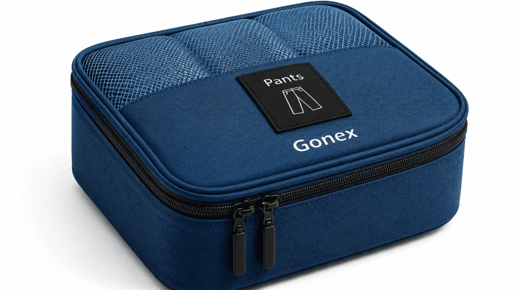 Close-up of packing cube showing quality zipper and durable fabric construction for minimalist travel

