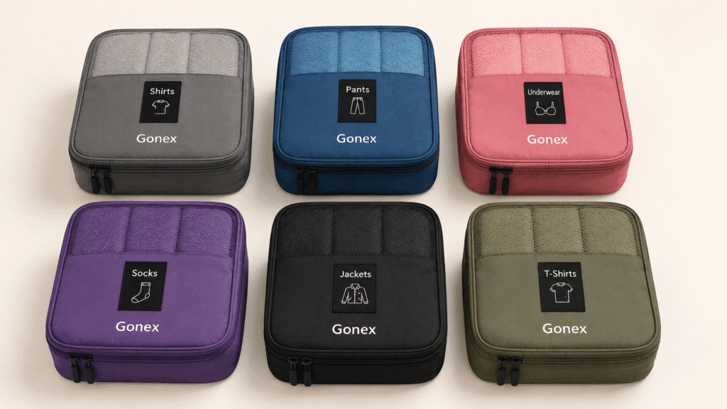 Six colorful packing cubes neatly arranged showing organized minimalist travel system for efficient luggage packing
