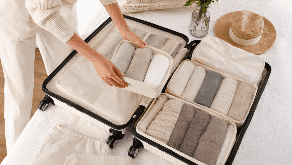 Hands organizing packing cubes in open suitcase showing proper technique for minimalist travel packing

