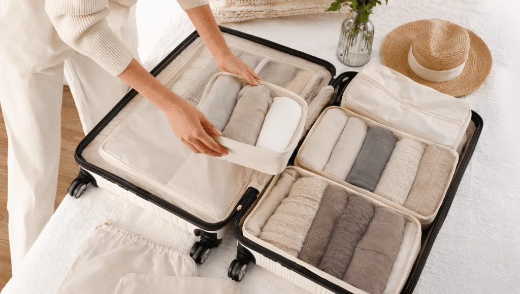 Hands organizing packing cubes in open suitcase showing proper technique for minimalist travel packing

