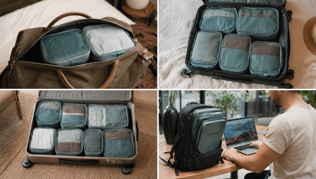 Four travel scenarios showing different packing cube applications for weekend trips, one-week travel, extended trips, and digital nomad packing