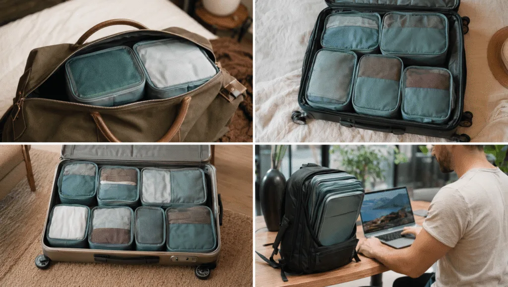 Four travel scenarios showing different packing cube applications for weekend trips, one-week travel, extended trips, and digital nomad packing