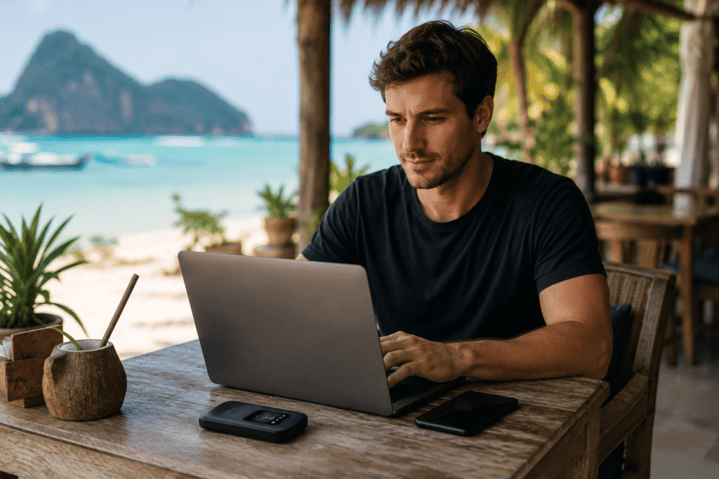Digital nomad working productively on laptop using portable WiFi hotspot at travel destination