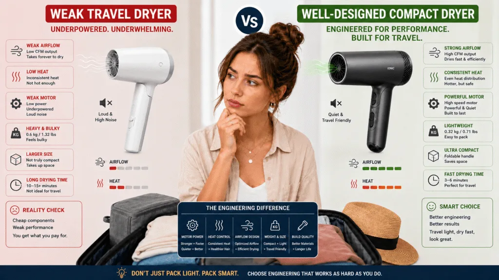 travel influencer comparing features of good vs bad travel hair dryers motor heat airflow