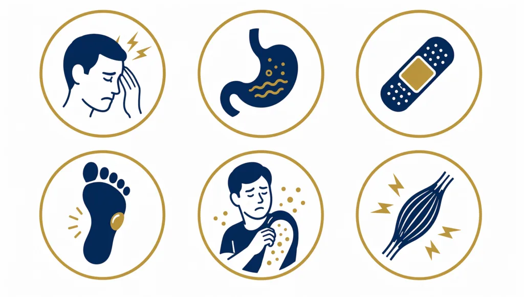 Infographic showing six common travel health problems including headaches stomach issues cuts blisters allergies and muscle aches