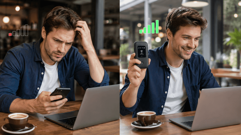 Before/after showing travel WiFi frustration and portable hotspot solution for connectivity