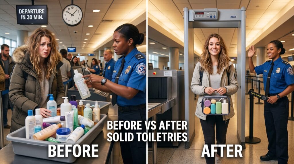 travel influencer comparing frustration of TSA liquid restrictions vs freedom of solid toiletries