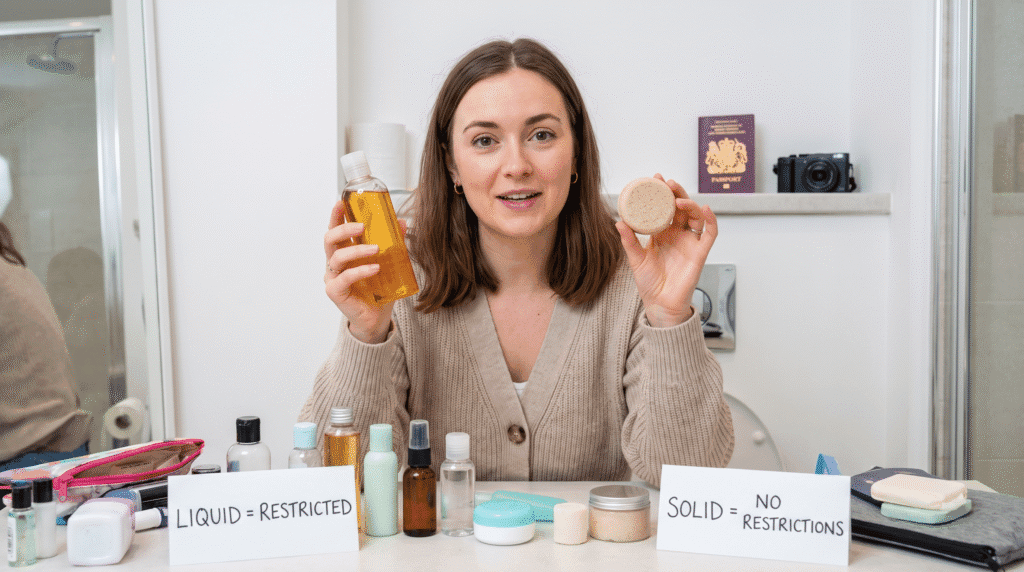 travel influencer explaining TSA rules for solid vs liquid toiletries while packing