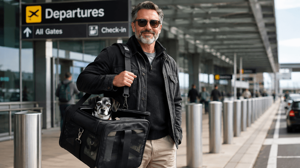 Experienced dog traveler with comfortable dog carrier showing travel readiness