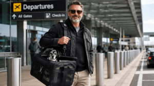 Experienced dog traveler with comfortable dog carrier showing travel readiness