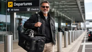 Experienced dog traveler with comfortable dog carrier showing travel readiness
