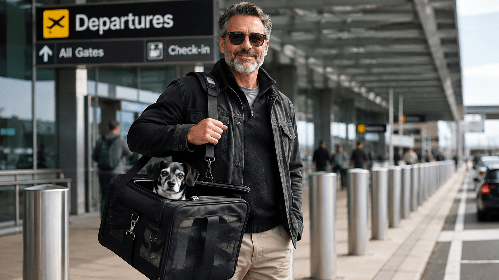 Experienced dog traveler with comfortable dog carrier showing travel readiness
