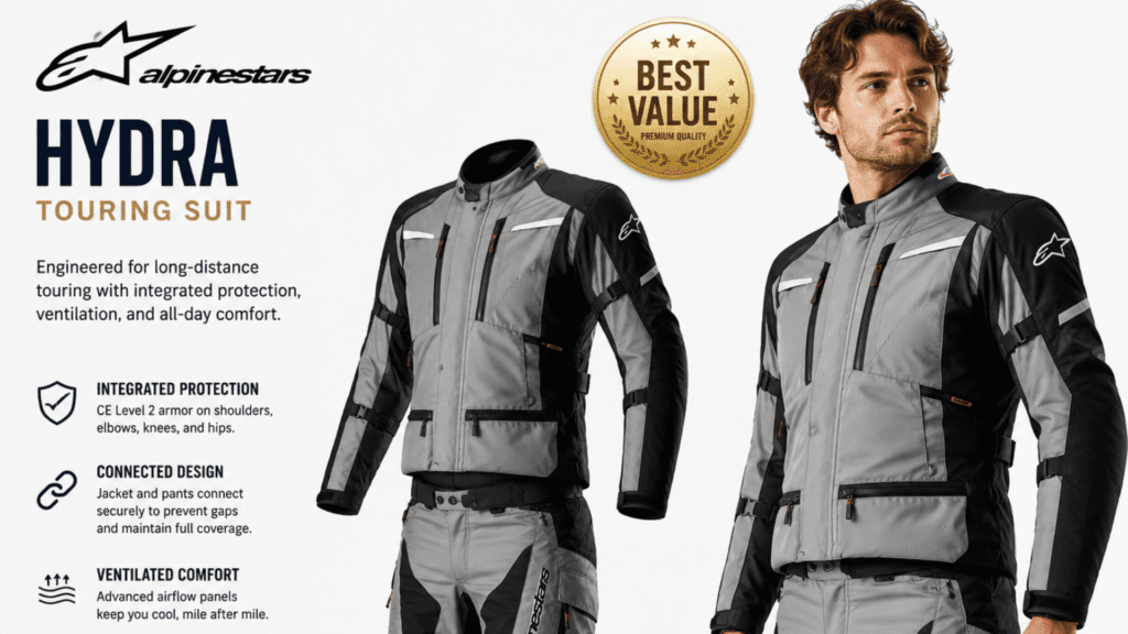 Alpinestars Hydra motorcycle touring suit showing best value integrated protection option