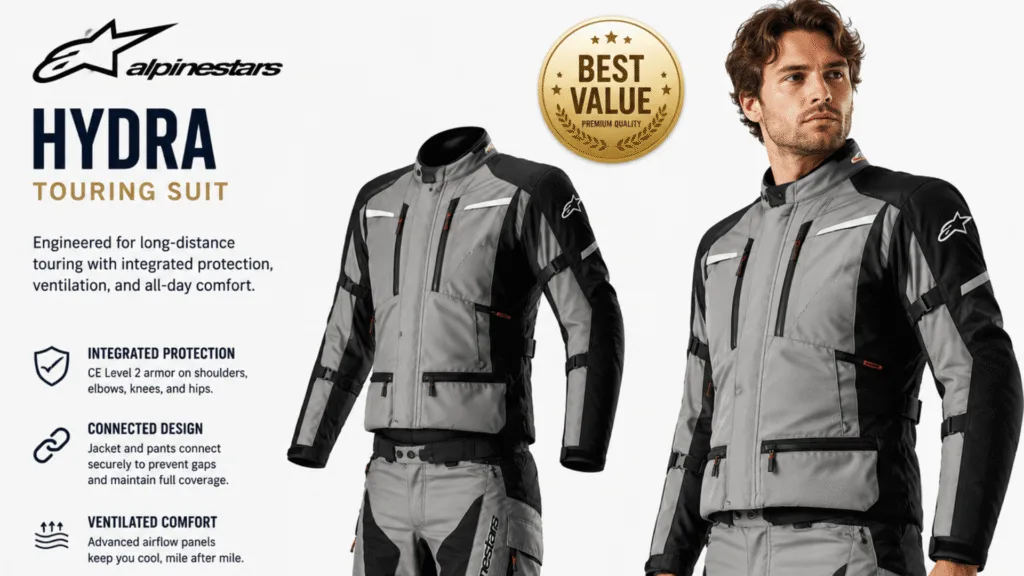 Alpinestars Hydra motorcycle touring suit showing best value integrated protection option