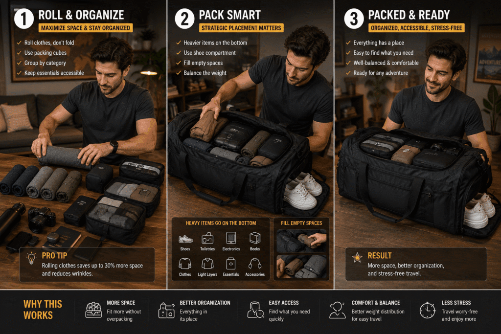 traveler comparing duffel bag specifications capacity weight material durability organization features