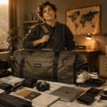 traveler struggling with multiple oversized bags looking frustrated and overwhelmed