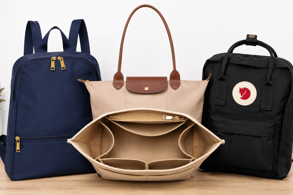 Comparison of crossbody travel bag materials including nylon leather and designer options