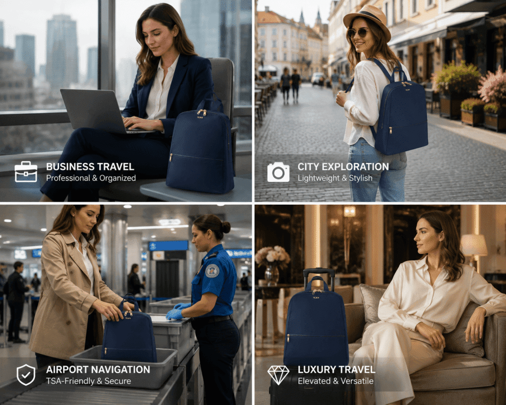 Crossbody bags shown in four travel scenarios including business city airport and luxury settings