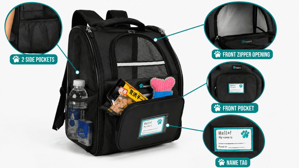 Dog travel bag close-up showing features including mesh ventilation padding and access zippers