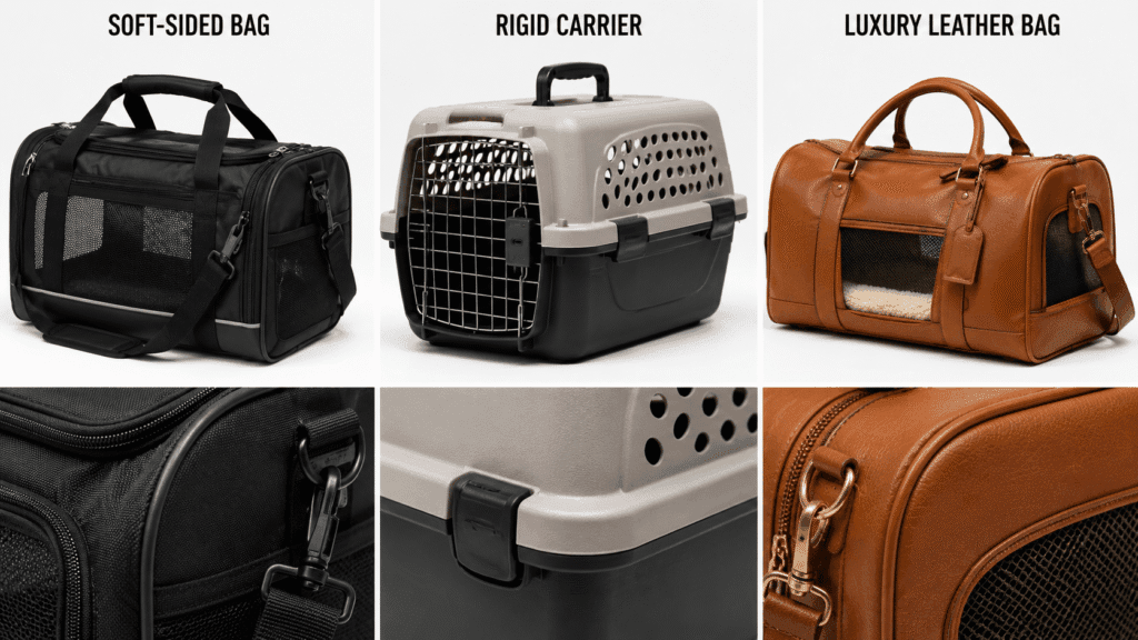 Comparison of dog travel bag materials including soft-sided mesh rigid carriers and premium leather options