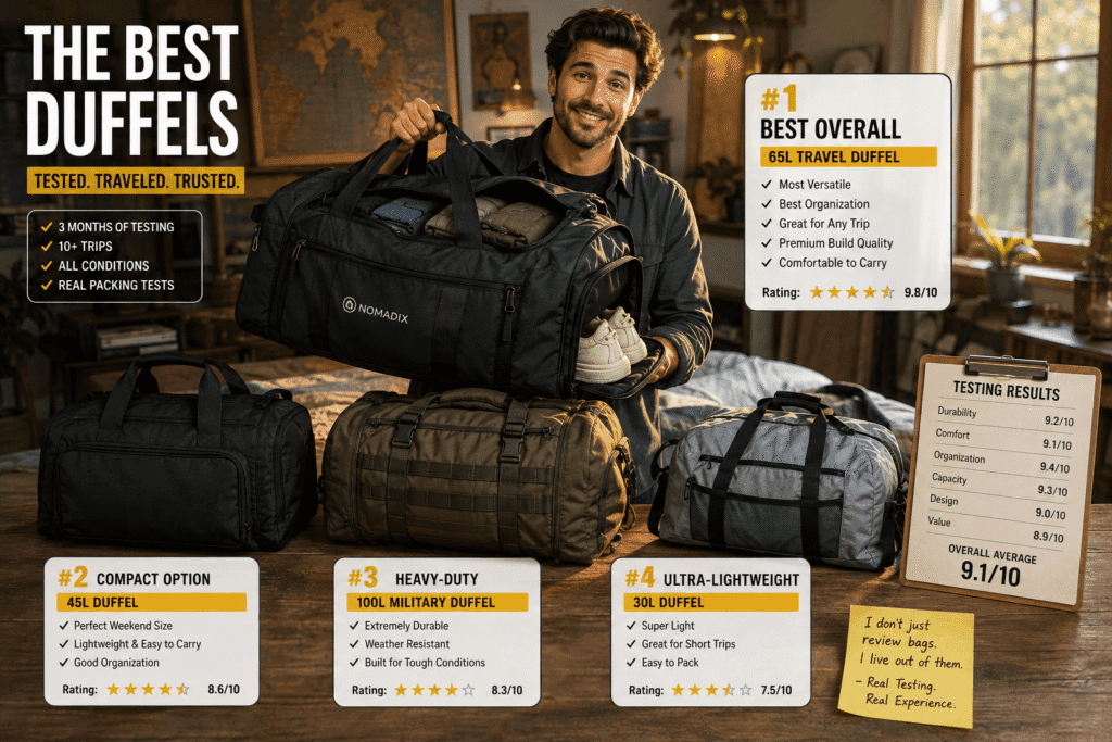 traveler demonstrating proper duffel packing technique rolling clothes organization shoe compartment