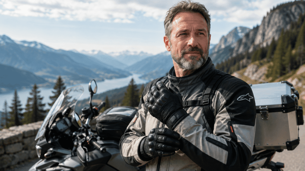 Experienced motorcycle tourer wearing quality touring gloves showing confidence and proper hand protection