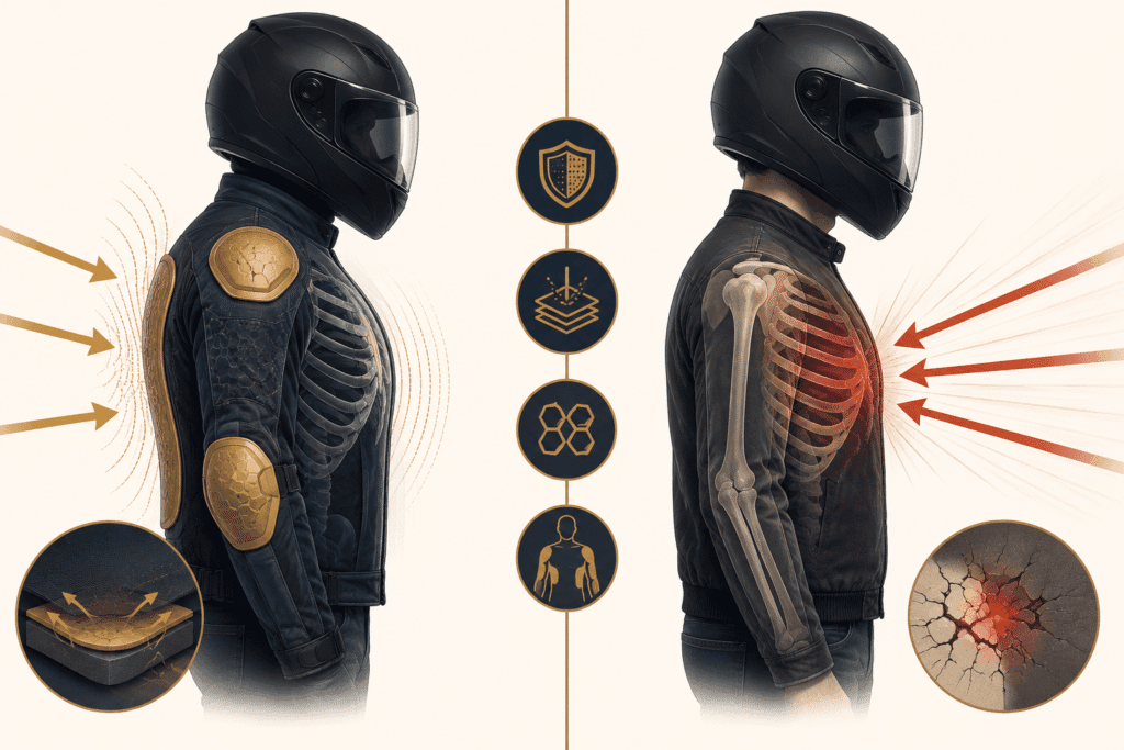 Experienced motorcycle rider wearing quality protective jacket showing confidence and proper gear selection