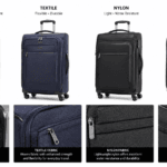 Lightweight luggage shown in four summer travel scenarios including beach airport and international settings