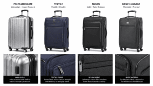Lightweight luggage shown in four summer travel scenarios including beach airport and international settings