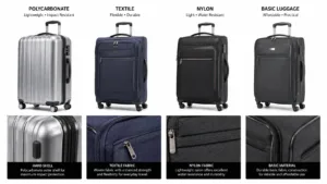 Lightweight luggage shown in four summer travel scenarios including beach airport and international settings