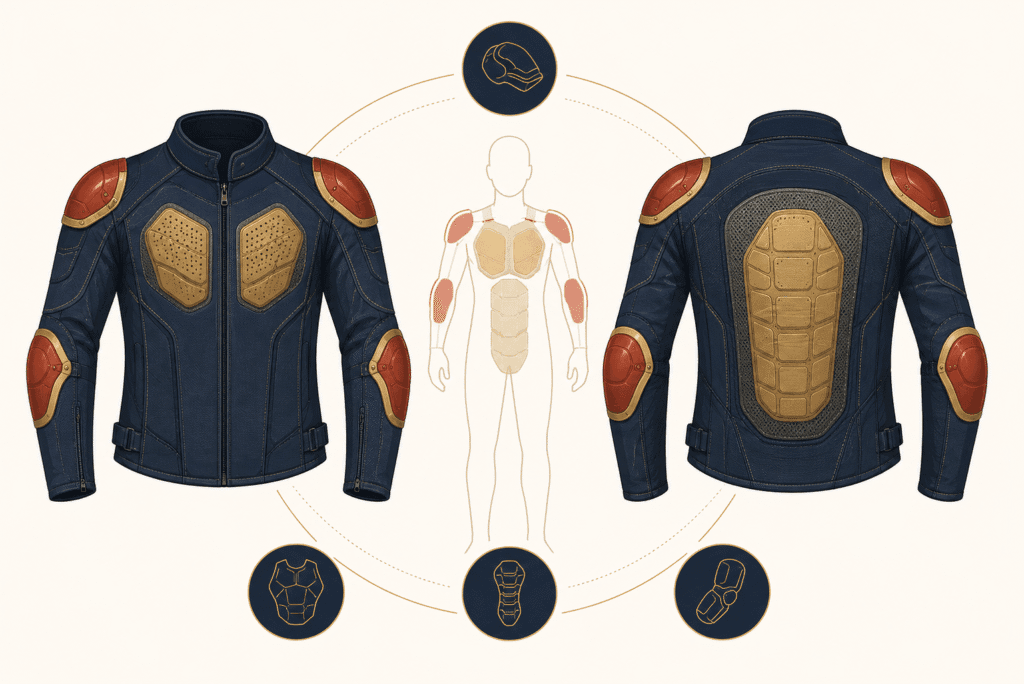 Armor placement diagram showing shoulder elbow and spine protection areas in motorcycle riding jacket