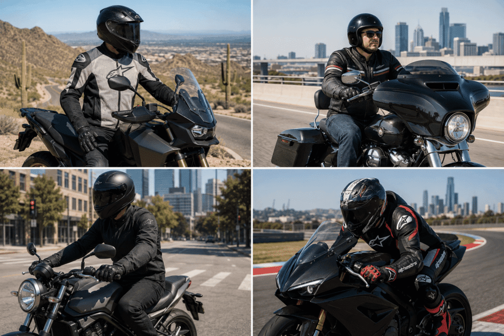Four motorcycle scenarios showing appropriate jacket types for heat touring commuting and track days