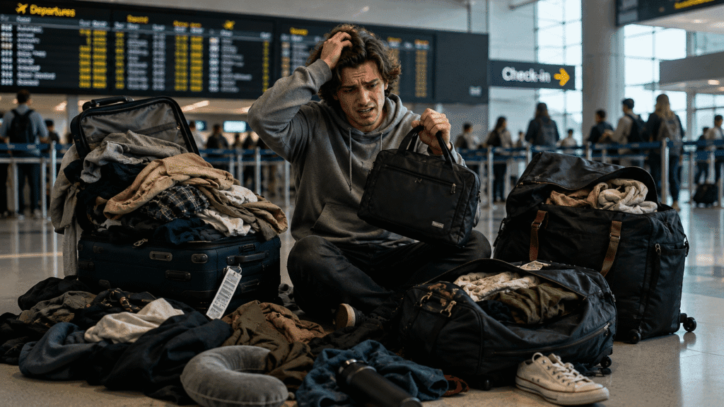 traveler struggling with multiple oversized bags looking frustrated and overwhelmed