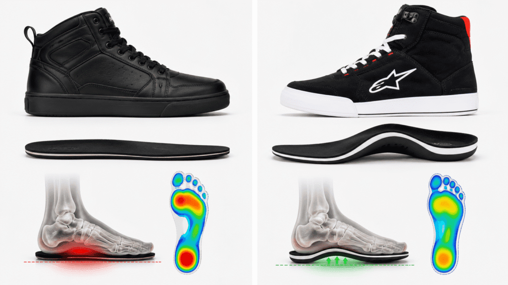 Insole comparison showing regular motorcycle boot versus engineered touring boot arch support