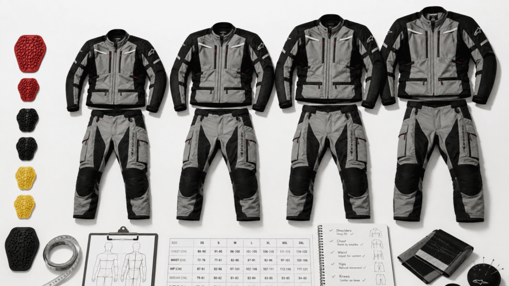Motorcycle touring suits in multiple sizes showing proper fitting and sizing guidance