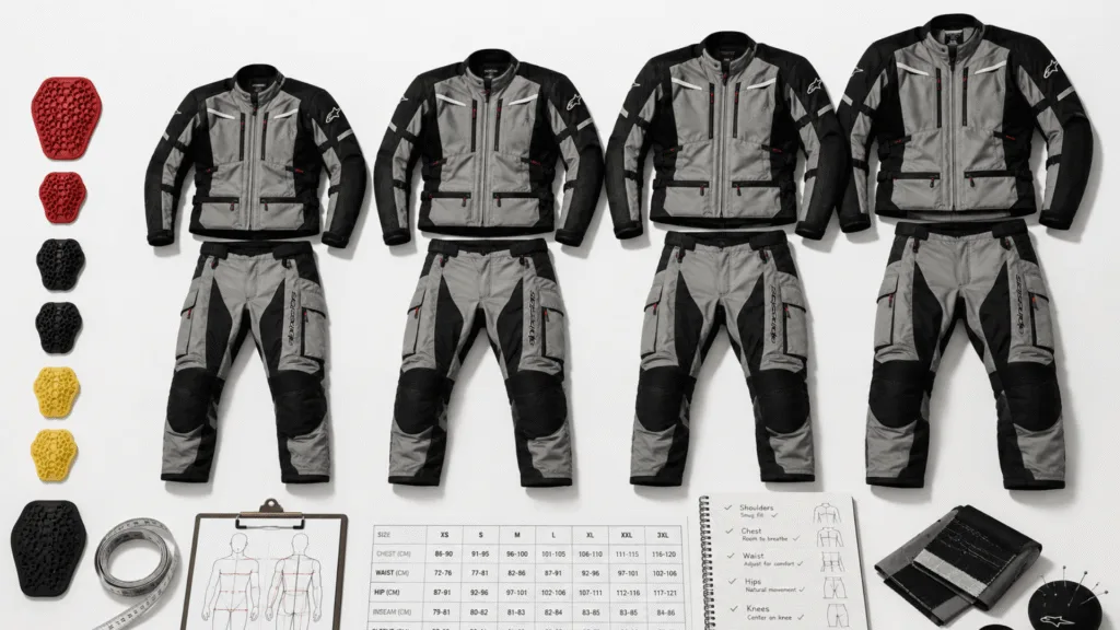 Motorcycle touring suits in multiple sizes showing proper fitting and sizing guidance