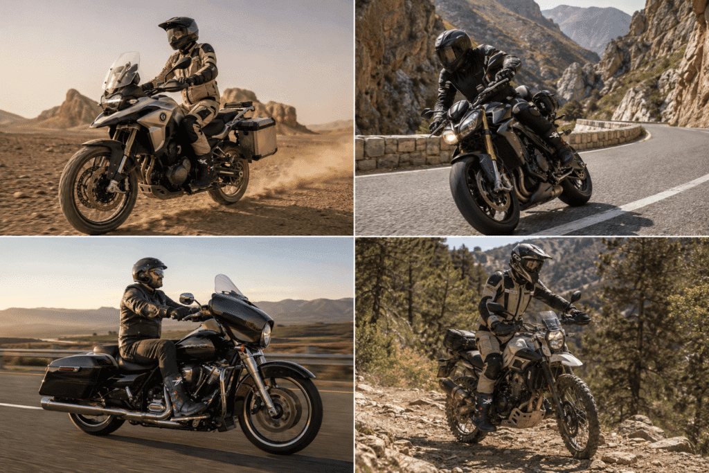 Four touring scenarios showing appropriate boots for desert mountains highway and adventure