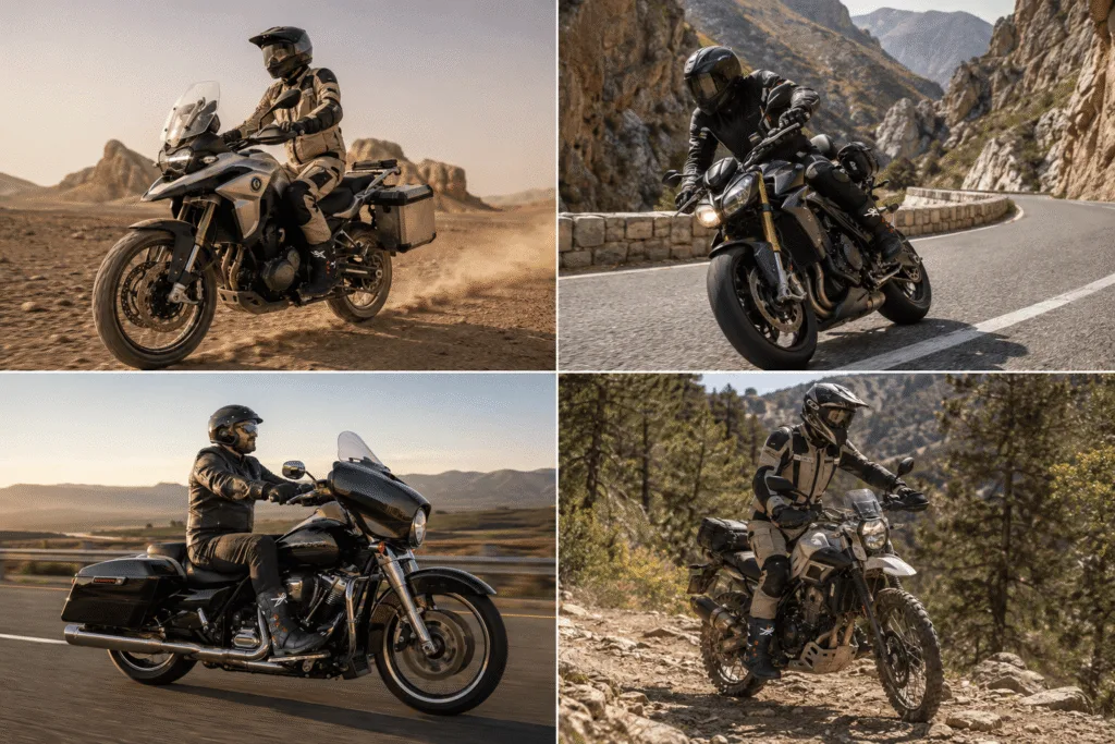 Four touring scenarios showing appropriate boots for desert mountains highway and adventure