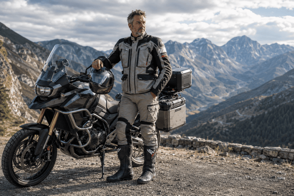 Experienced motorcycle tourer wearing quality touring boots with confidence