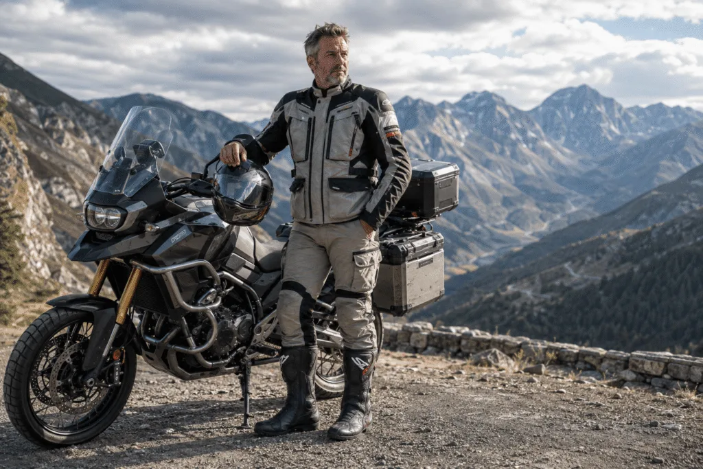 Experienced motorcycle tourer wearing quality touring boots with confidence