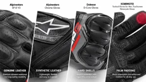 Side-by-side comparison of standard glove versus engineered touring glove showing comfort design differences