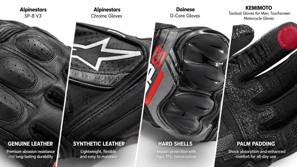 Professional close-up comparison of touring glove materials including leather synthetic and tactical reinforcement