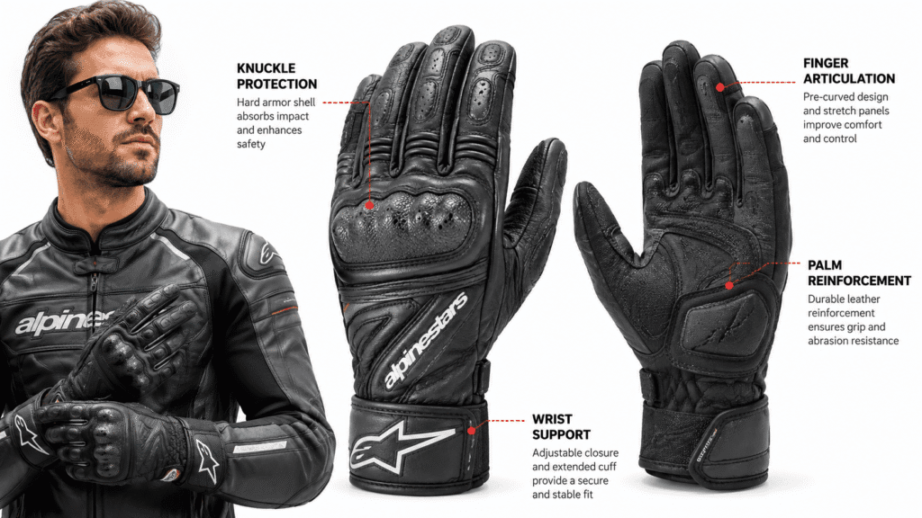 Alpinestars SP-8 V3 touring motorcycle gloves showing product design and construction quality
