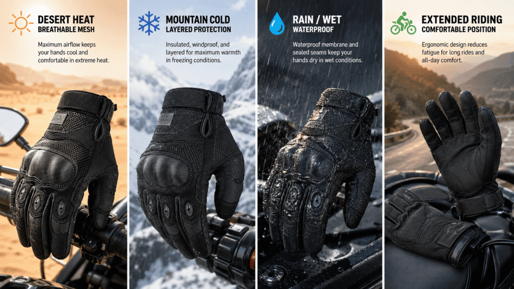 Touring gloves displayed in four different riding conditions including heat cold rain and extended hours