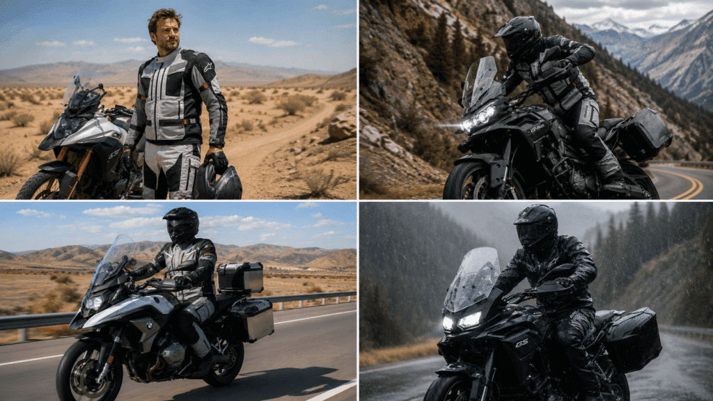 Four touring scenarios showing appropriate suits for desert heat mountains highway and rain