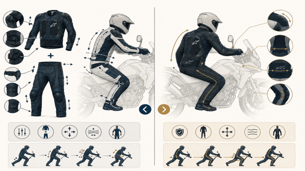 Protection components diagram showing armor in touring suit including chest hip knee and shoulders